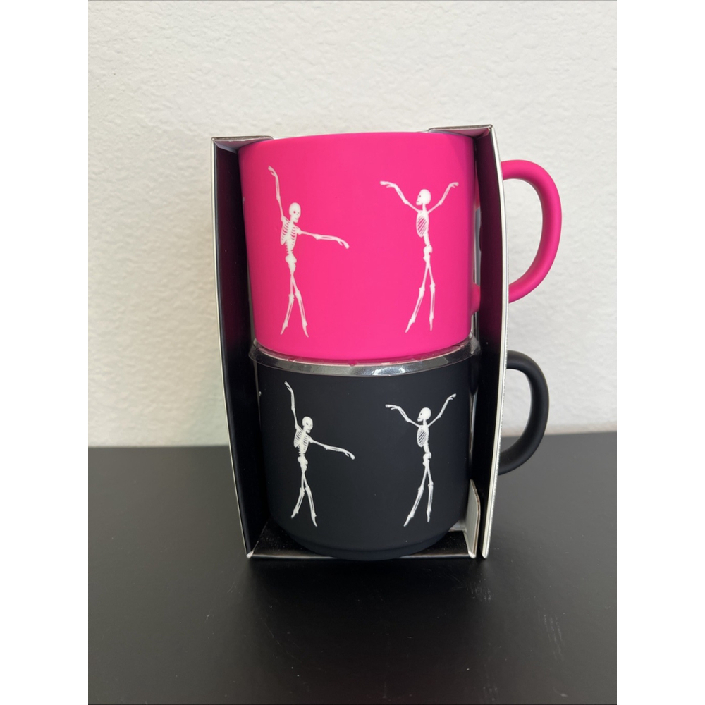 Halloween Mugs Skeletons Dance The Night Away Set Of 2 Hit Pink And Black 16 Oz